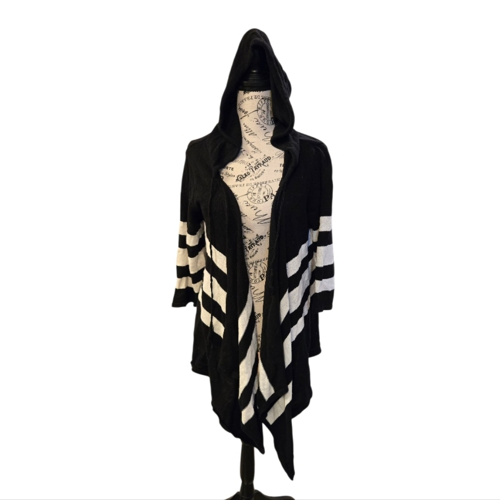 Sabine Striped Hooded Open Front Cardigan in Black and White